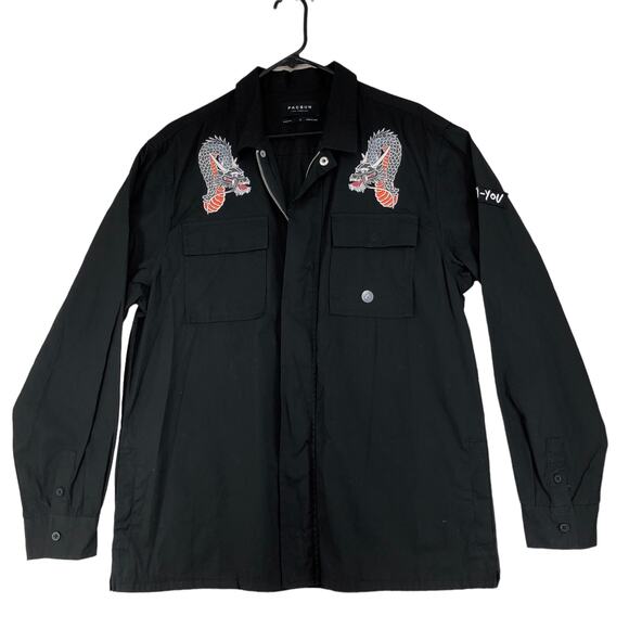 Pacsun Mens Sz L Full Zip Shacket Boxy Fit Embroidered Chinese Dragon Black NEW